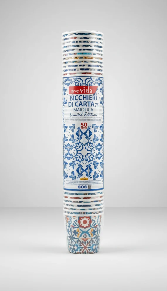 Bicchieri Caffè in Carta Movida 75ml | 50 Pezzi | Design Maiolica Limited Edition | Ideale per Espresso, Catering ed Eventi Eleganti
