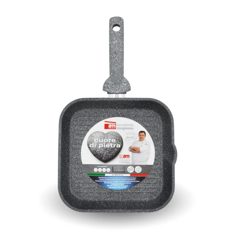 Accademia Mugnano Cuore di Pietra Bistecchiera Quadrata Antiaderente Alluminio 28x28 cm – Elimina i Grassi e Ottimizza la Cottura Uniforme su Ogni Fuoco