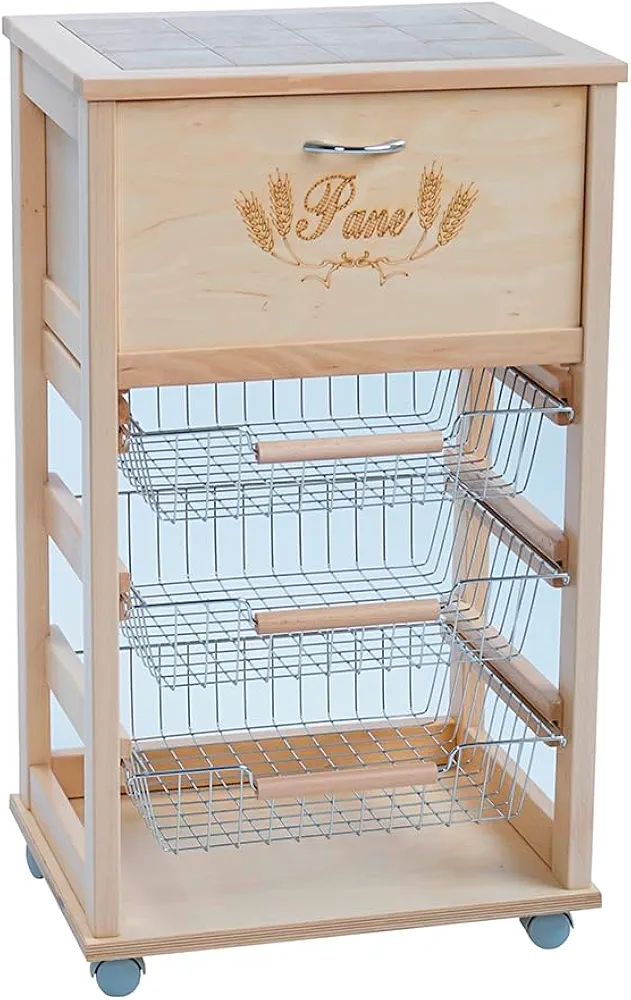 Carrello Cucina Portapane e Portafrutta in Legno Massello Made in Italy – Top in Ceramica e 3 Cestelli in Acciaio