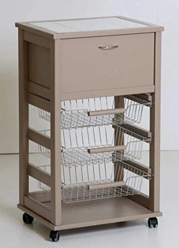 Carrello Cucina VESUVIO Portapane con Ruote, Top in Mattonelle e Cestelli Estraibili - Legno Massello Colore Fango - Made in Italy