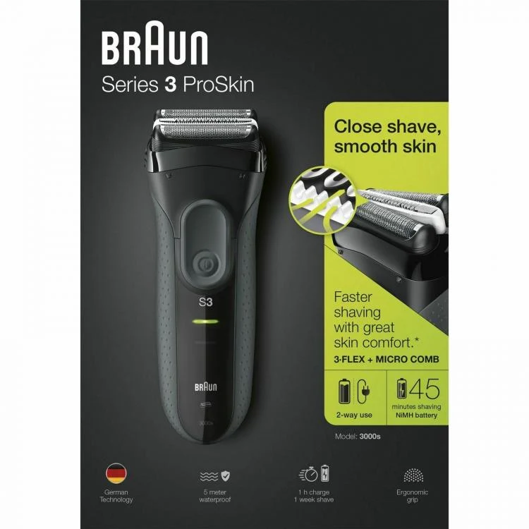 BRAUN RASOIO ELETTRICO SR3 PROSKIN 3000S RICARICABILE DISPLAY LED REGOLA BARBA