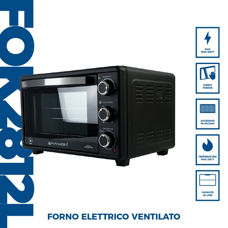 PYRAMIDEA Forno Elettrico Ventilato Capacità 28 Litri 1500W con Timer Colore Nero