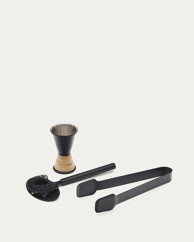 Shai Set Cocktailzubehör aus Edelstahl in Schwarz und Rattan
