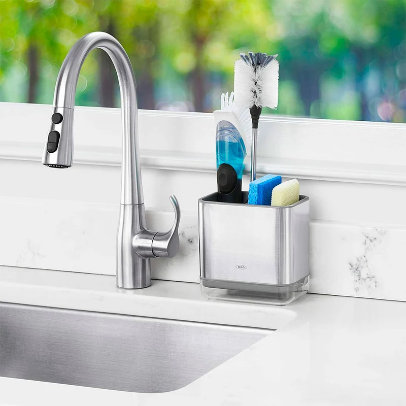 Soporte para cepillos y estropajos de acero inoxidable OXO
