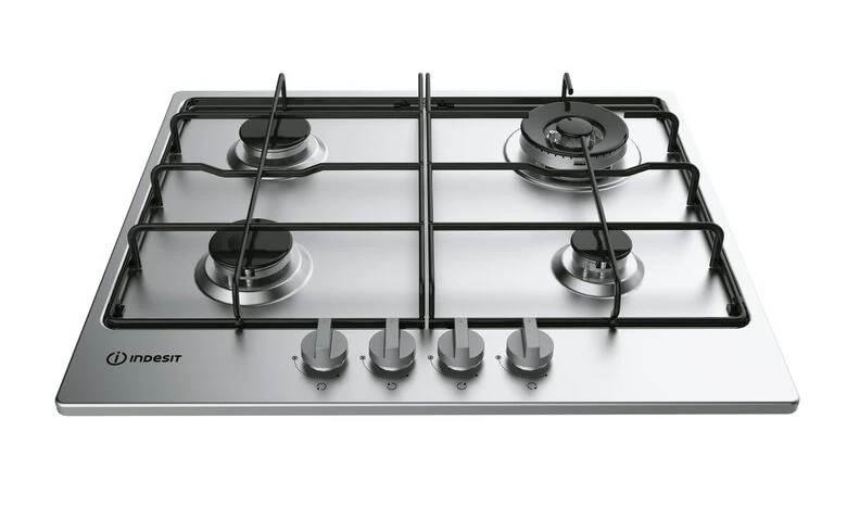 Indesit THP 642 IX/I piano cottura Nero, Acciaio inossidabile Da incasso Gas 4 Fornello(i)