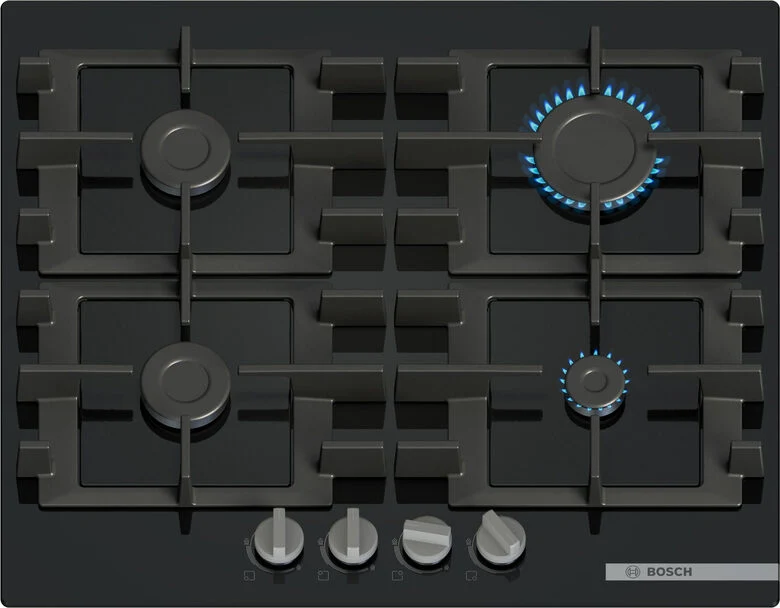 Bosch Serie 4 PNP6B6K40 , Piano cottura a gas, 60 cm, Vetro temperato, Nero