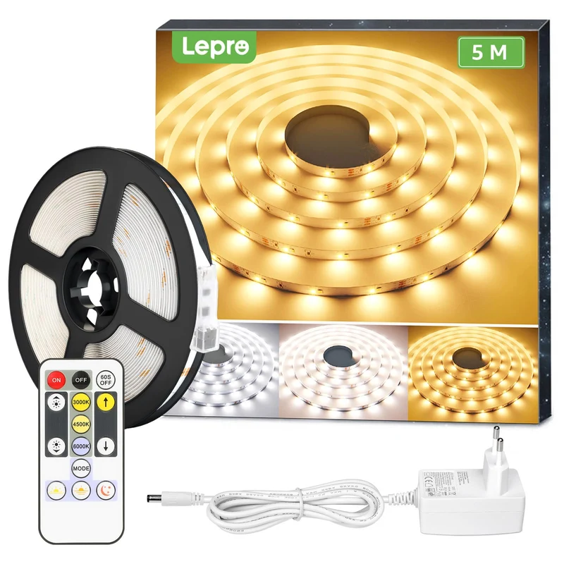 Lepro 5M Striscia LED Dimmerabile, 3000K-6000K (Bianco Caldo a Freddo) Strisce LED Autoadesive, 3 Modalità, 300 LED SMD 2835, 12V Striscia Luminosa LED Flessibile per Decorazione Interna Casa Festa